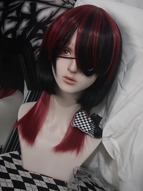 Virtual Cat Black and Red Highlight Hair Color Synthetic Wig