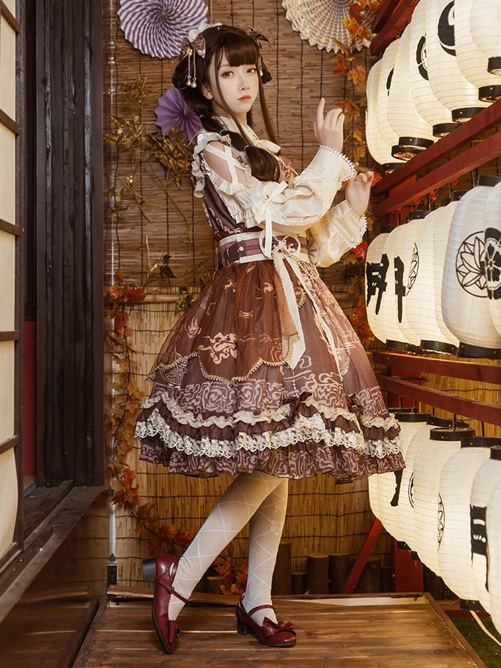In Stock Chinoiserie Style Pattern Design Dragon Print Bowknot Details Jumper Skirt