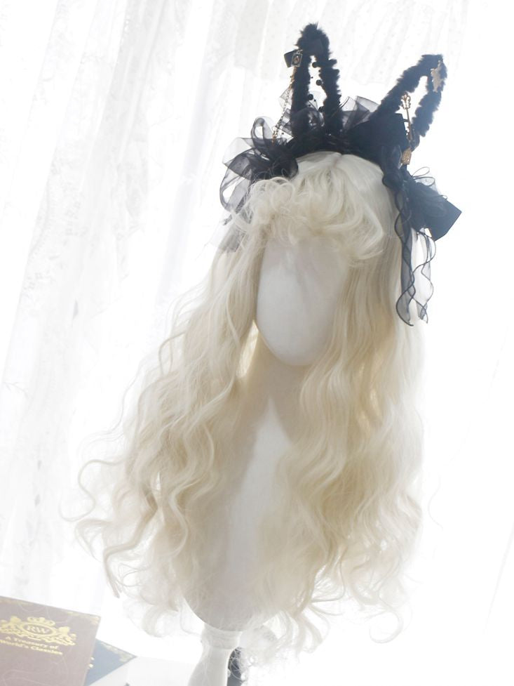 60cm Off White Long Wavy Wig with Curly Bangs
