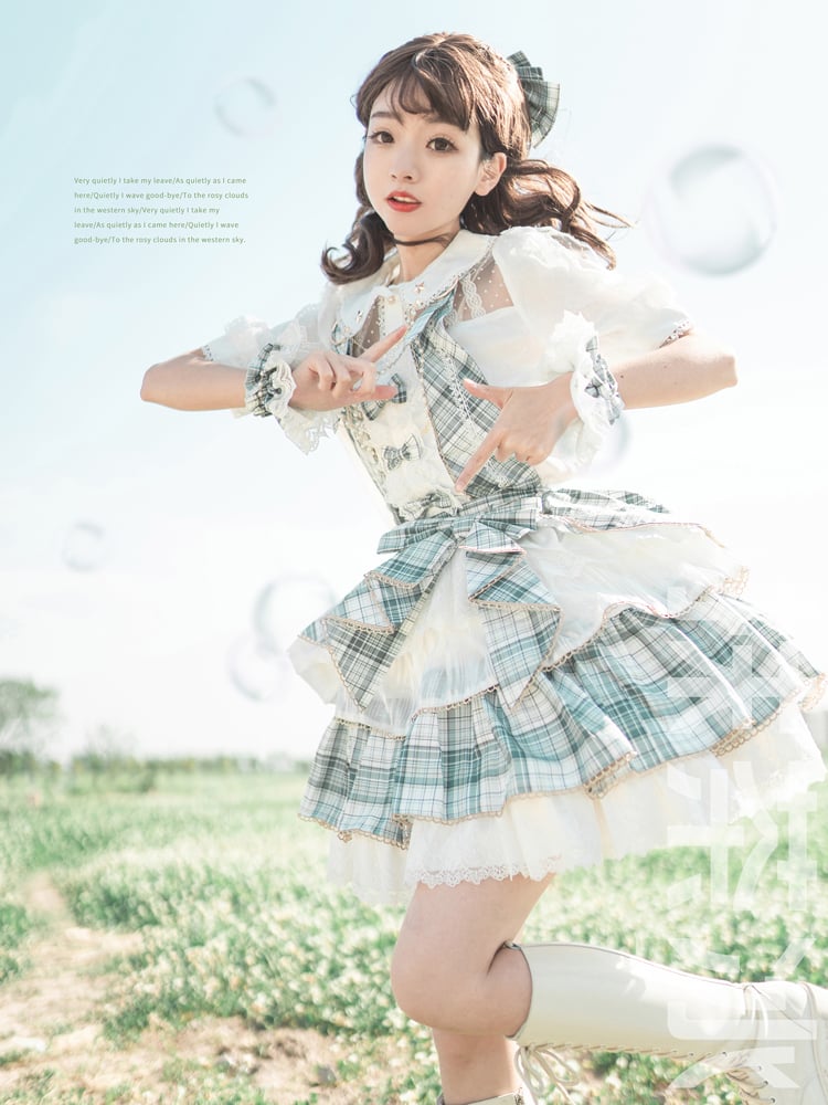 Matcha Ice Bowknot Details Plaid Ruffle Hem Idol Lolita Overall Dress