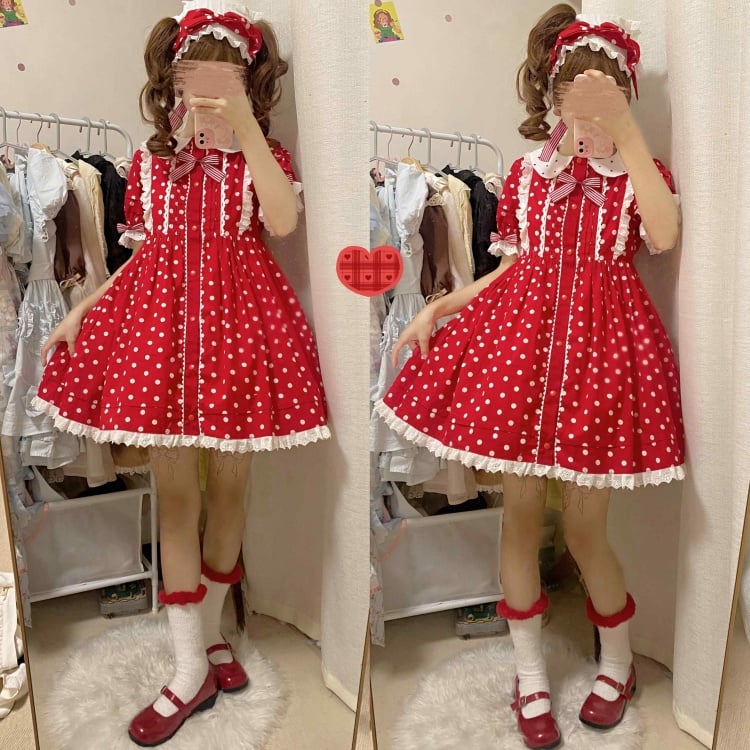 Picking Mushroom White and Red Polka-dot Pattern Short Sleeves One Piece
