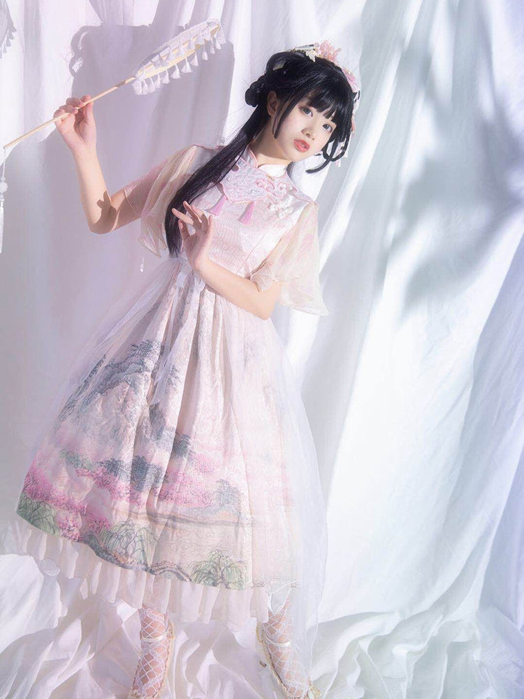In Stock Mountains-and-waters Painting Print Irregular Hem Chinoiserie Style Short Sleeves One Piece