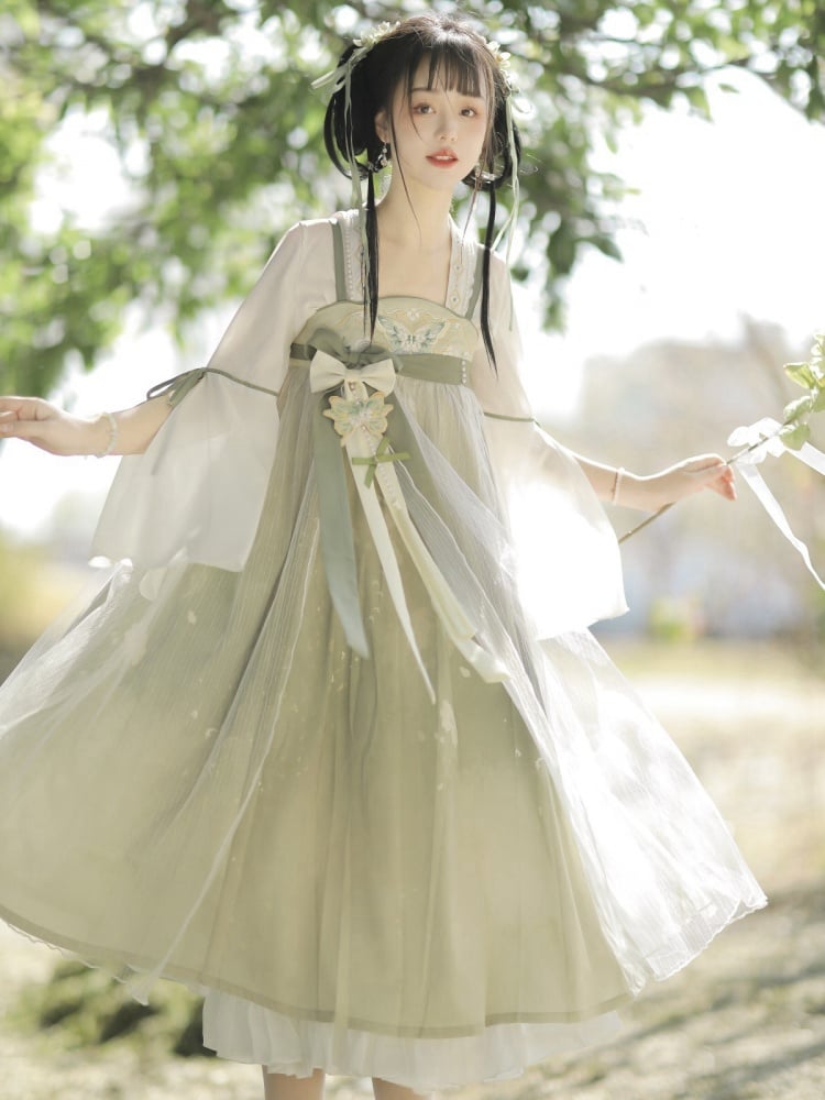 Light Green Floral and Butterfly Embroidery Han Slip Dress