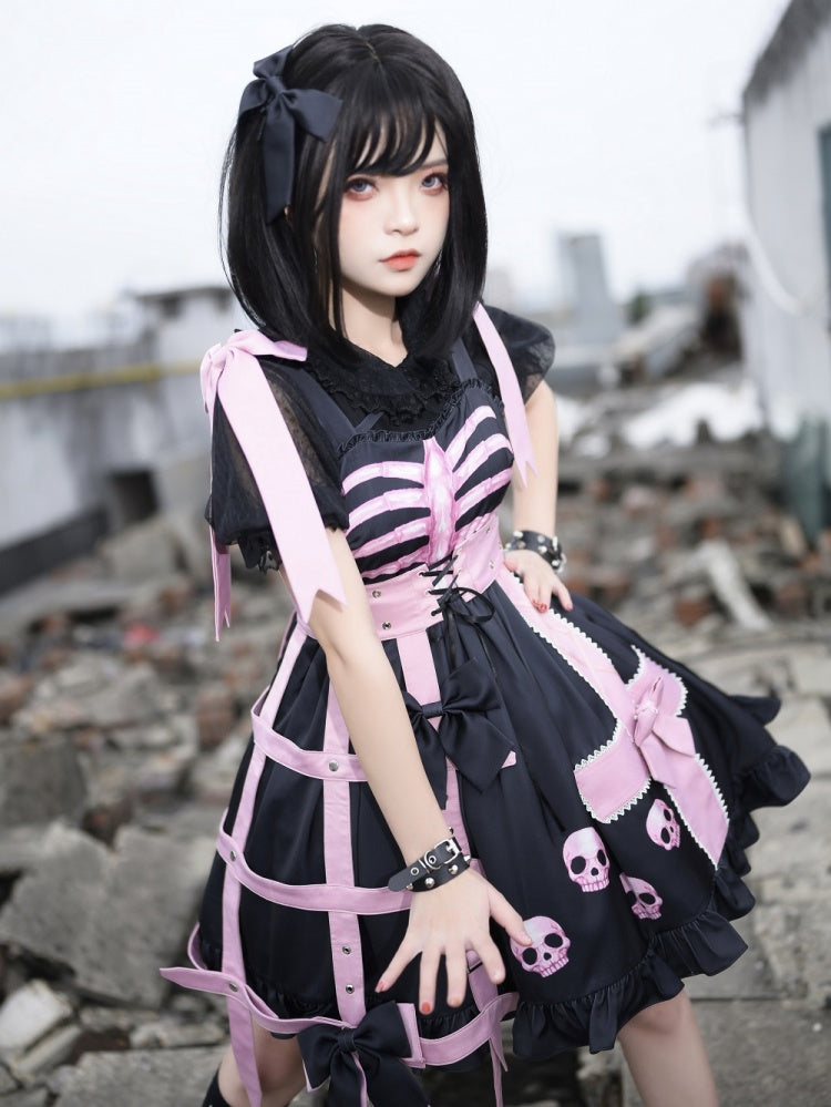In Stock Dark Birdcage Skull Print Bowknot High Waist Lolita JSK