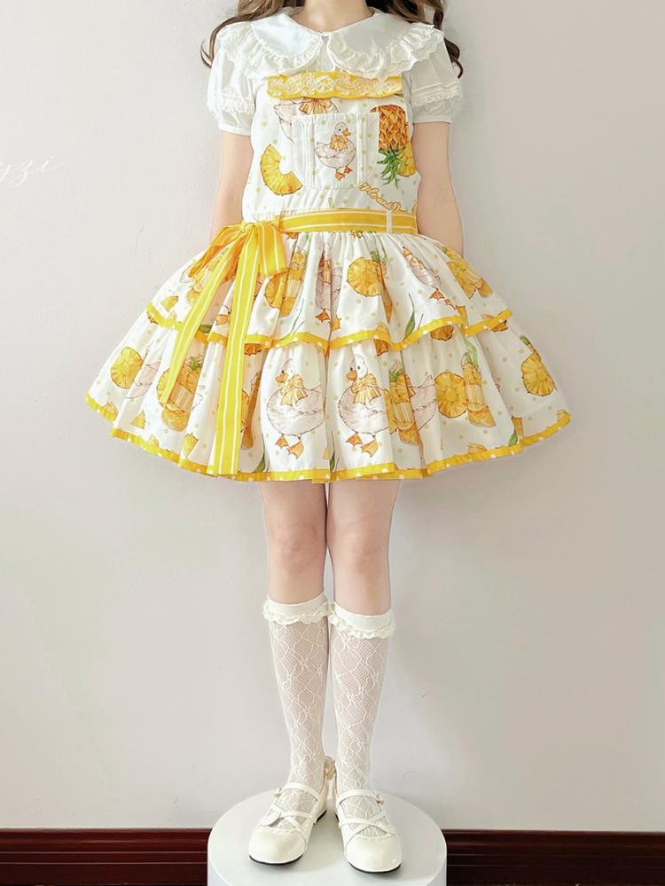 Pineapple and Duck Print Yellow Overalls Polka-dot Pattern Dress
