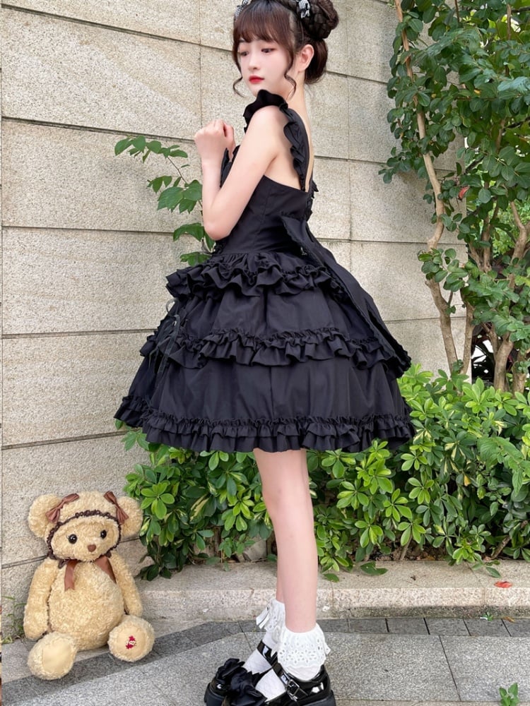 7 Color Options Lace-up Detail Sweetheart Neckline Ruffle Trim Hem Jumper Skirt