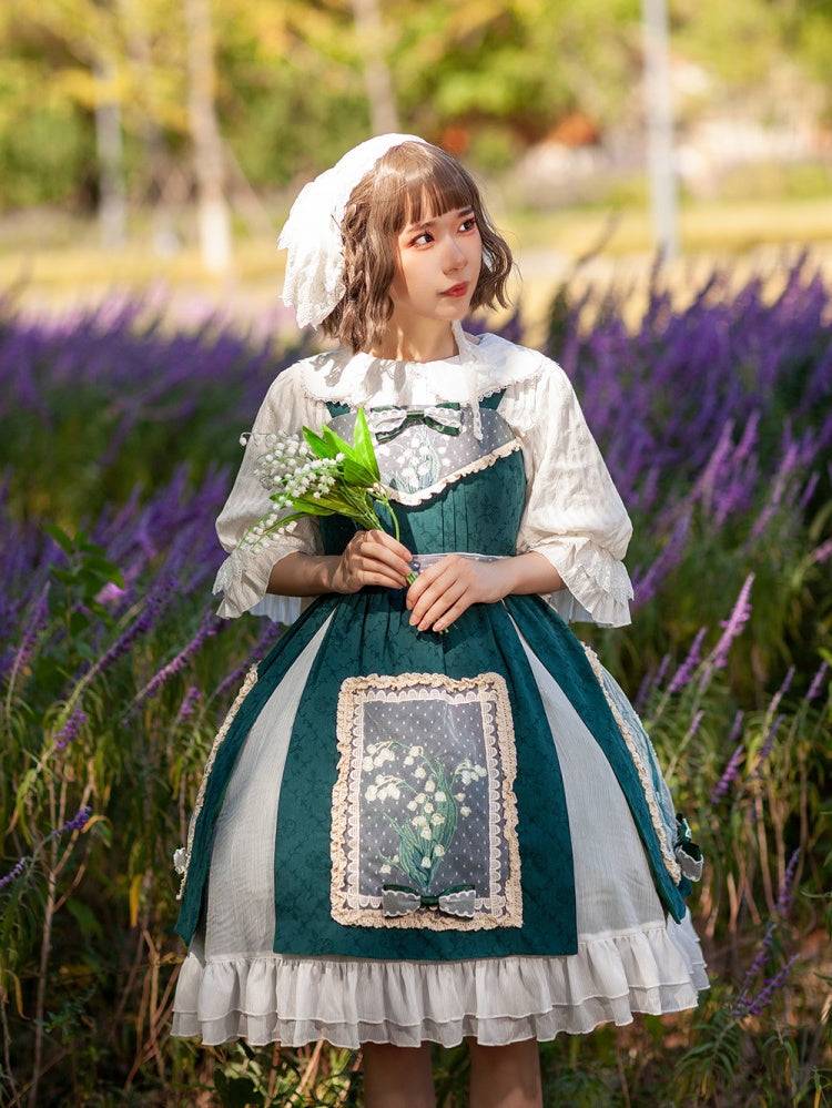 Lily of the Valley Color Dark Green Bowknot Details HIgh Waist JSK