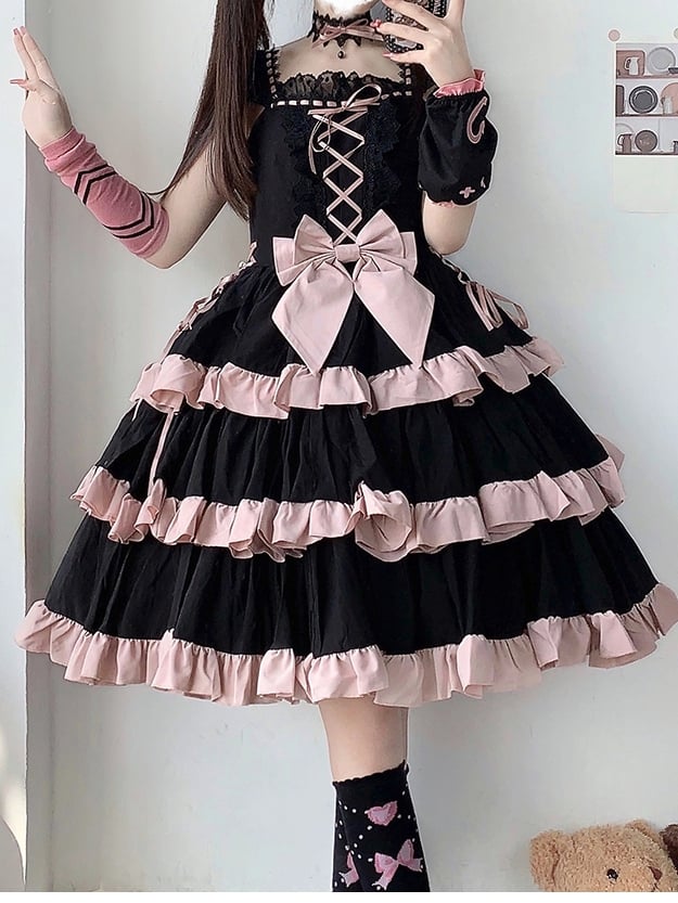 Lace-Up Detail Sweet Jumper Skirt Tiered Skirt Dress/Full Set Long Version