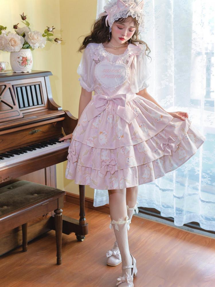 In Stock Kitty Print Bowknot Details Tiered Ruffle Hem Overall Dress