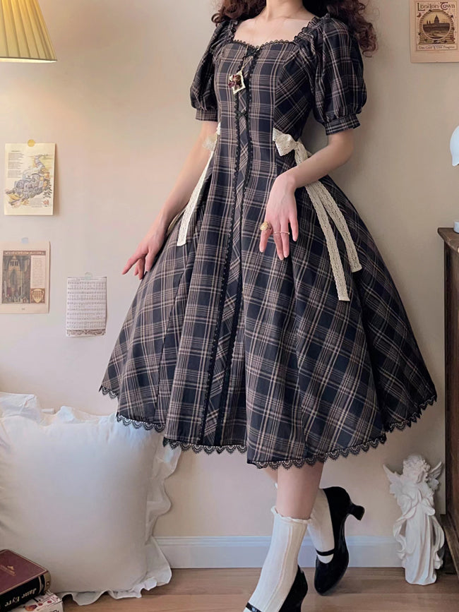 Plaid Pattern One Piece Short Sleeves Elegant Dress