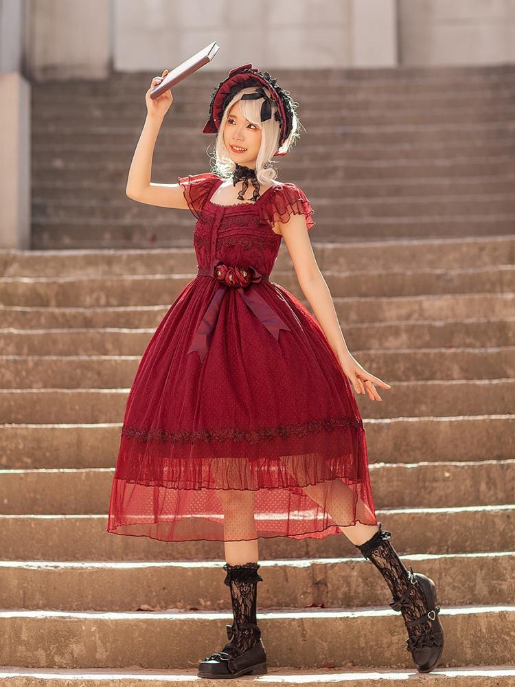 A Scene of Dance Music Color Red/Black Square Neckline Jumper Skirt