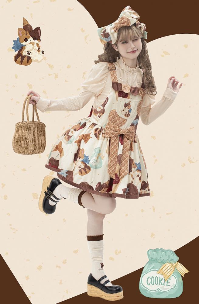 Muffin Kitten Series Dessert and Cat Print Sweet Overall Dress