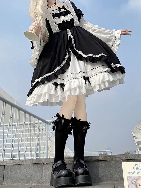 White Night Aurora Black and White Old School One Piece with Removable Bell Sleeves