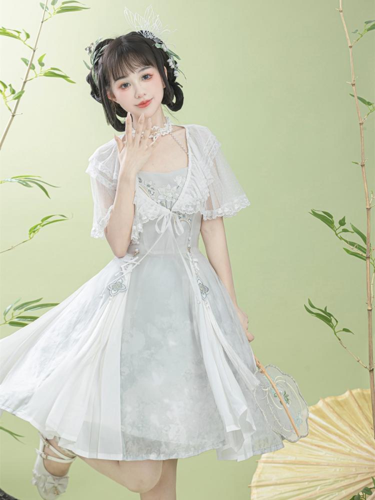 Lotus Embroidery Light Green Bead Details Dress + Shawl Set