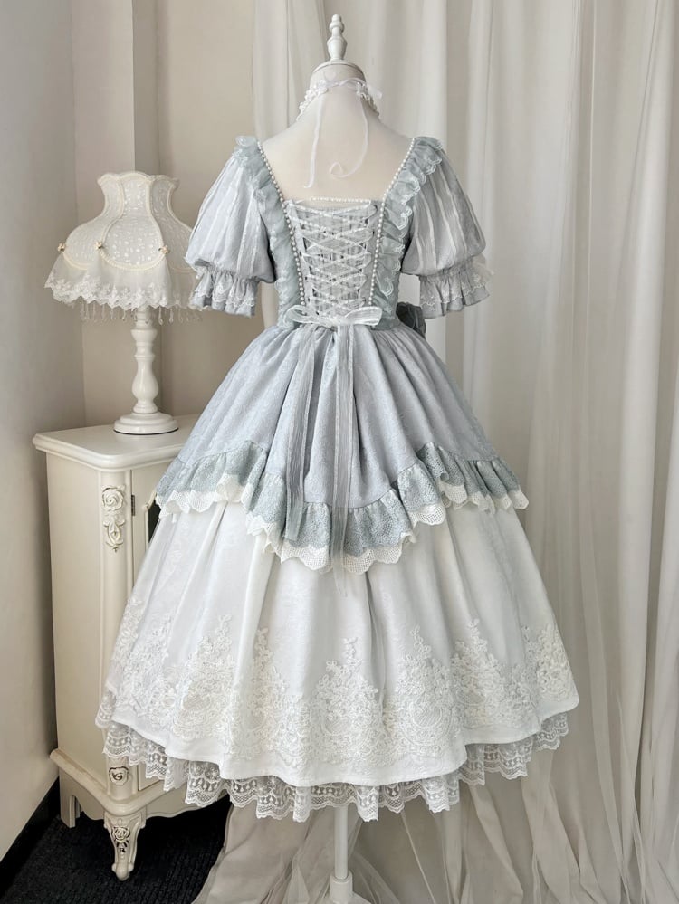 White and Blue Floral Bowknot Design One Piece