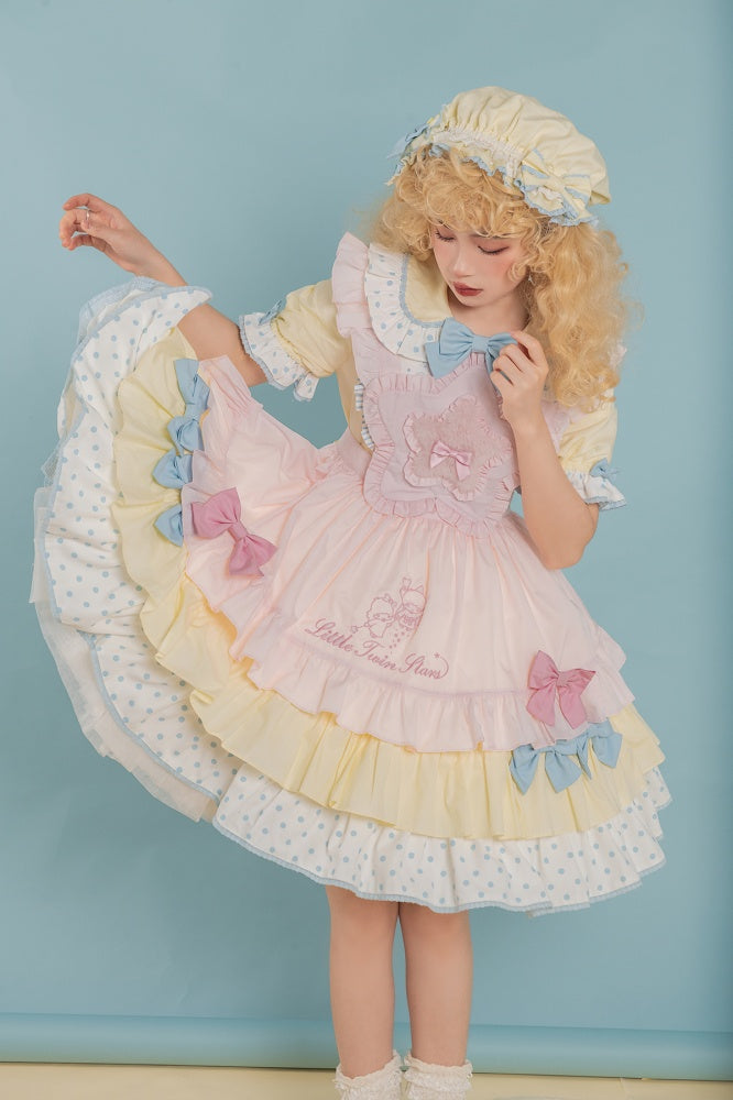 Little Twin Stars Bowknot Details Ruffle Trim Short Sleeves One Piece Color Yellow