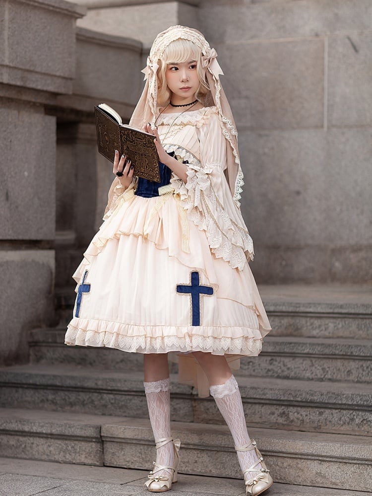 Immortal Song Beige and Dark Blue Ruffle Square Neckline Lace-up Details Jumper Skirt