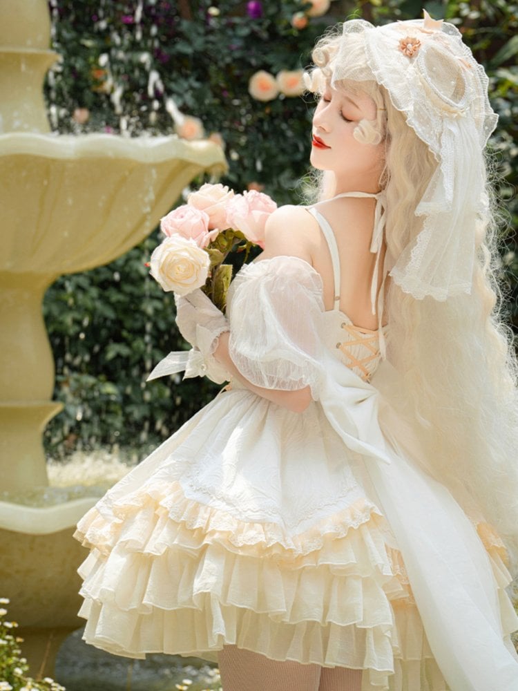 White Halter Neck Ruffle Skirt Corset Waist Jumper Skirt