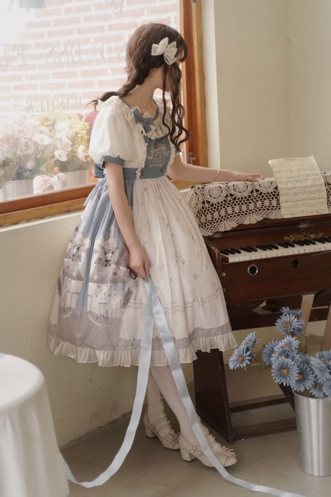 Spring Curtain Country Style Little Girl Print Embroidery Round Neck Bowknot Details Short Sleeves One Piece