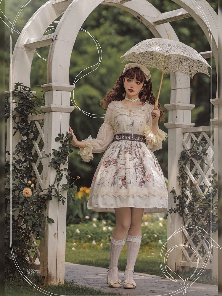 Thumbelina Floral Print Petal Neckline High Waist Short Version Jumper Skirt