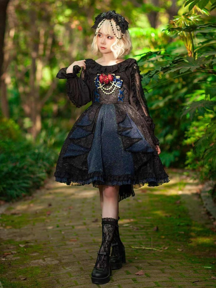 Singer Sweetheart Neckline Natural Waist Tiered Skirt and Ruffle Trim Jumper Skirt/JSK+ Train Set