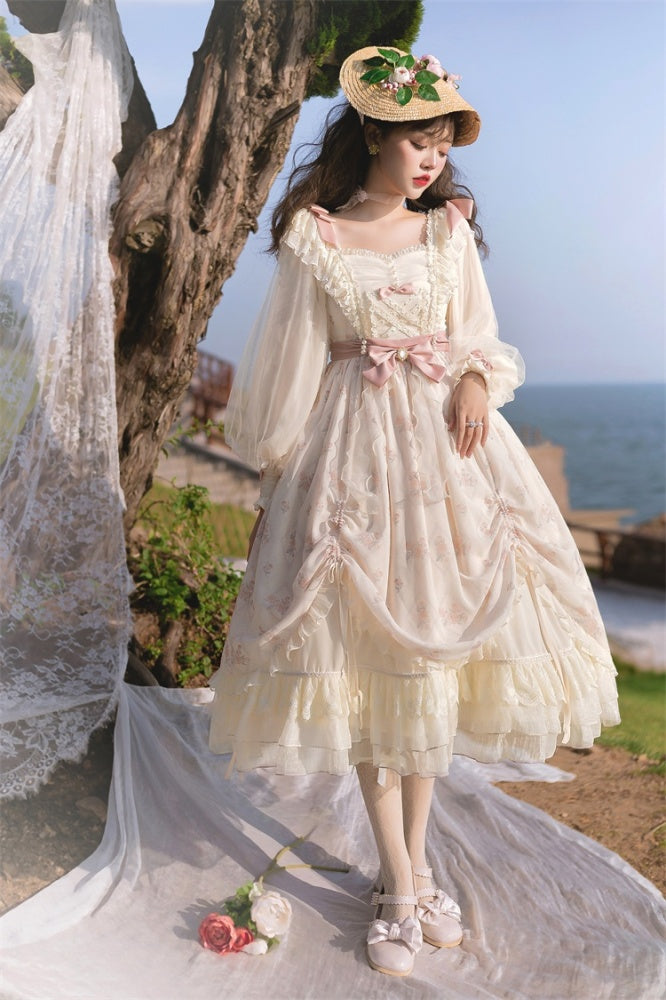 Time Letter Paper Floral Print Bowknot Details Drawstring Ruffle Hem Long Sleeves One Piece