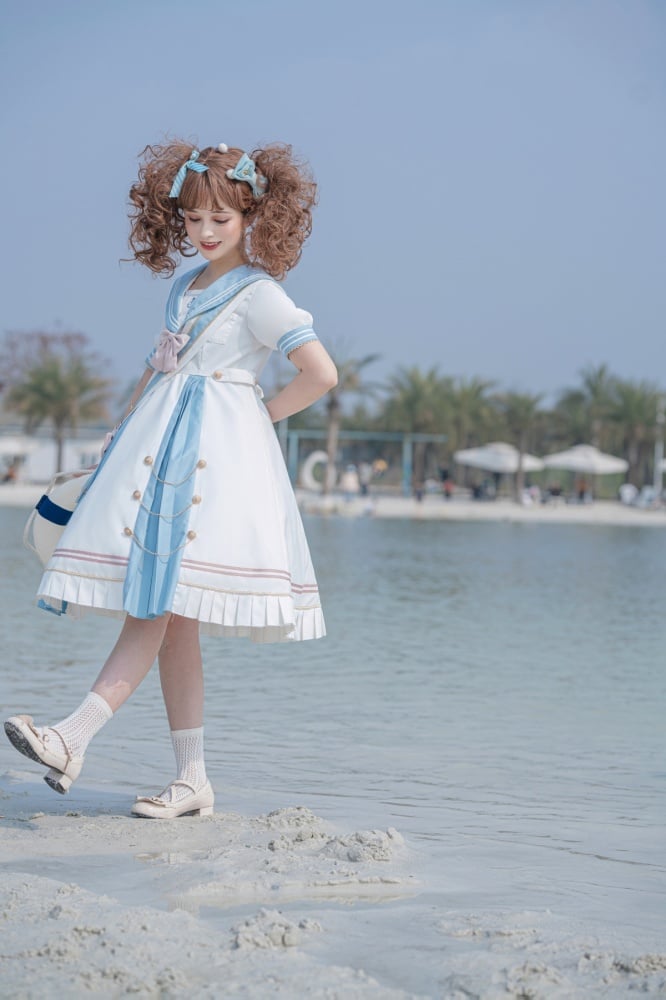 Sea Breeze Light Blue Sailor Collar One Piece High Waist Sweet Dress with Bow Tie and Ribbon