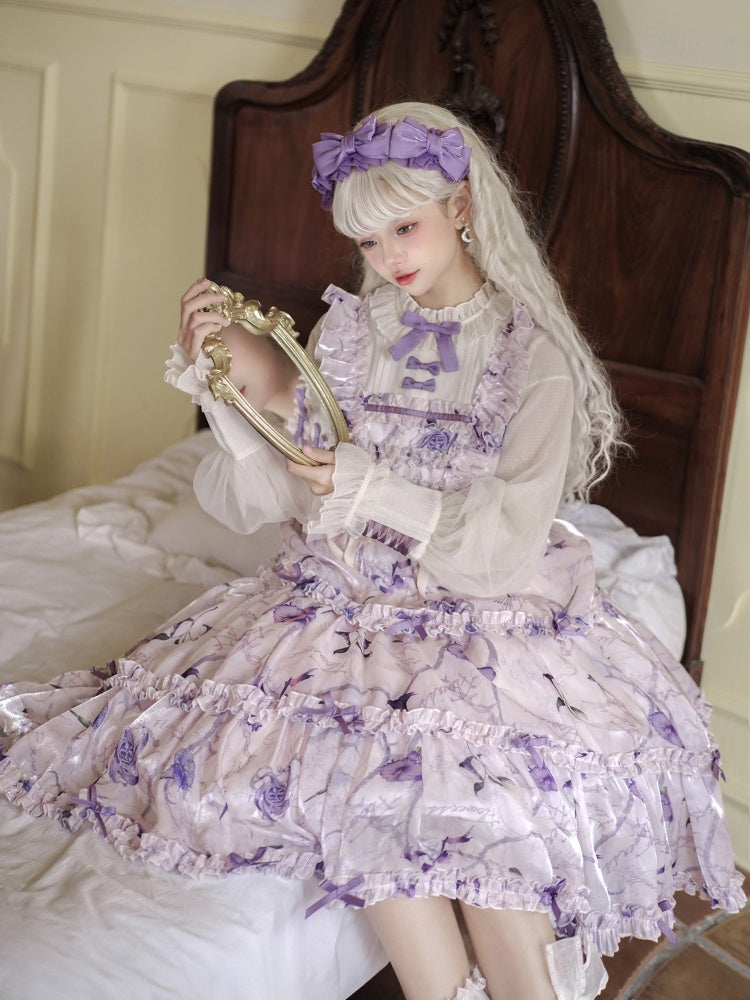 White and Purple Fake Two-pieces Design Floral Print Ruffle Bodice Long Sleeves Lolita OP
