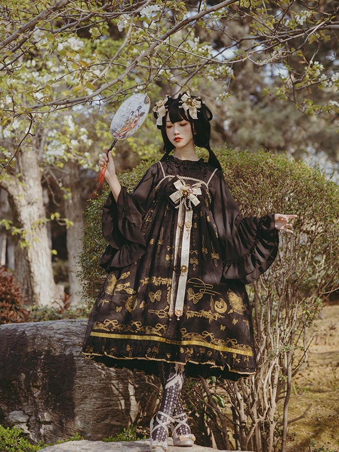 Daytime Fantasy Night Archaic Style Pattern Print Design Gold Stamping JSK