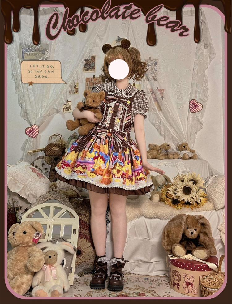 Little Bear and Pot Built-in Petticoat Bear and Biscuit Print Overalls