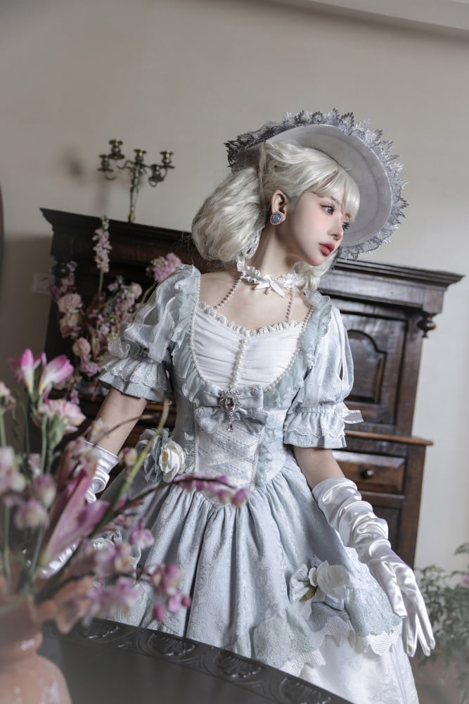 White and Blue Floral Bowknot Design One Piece