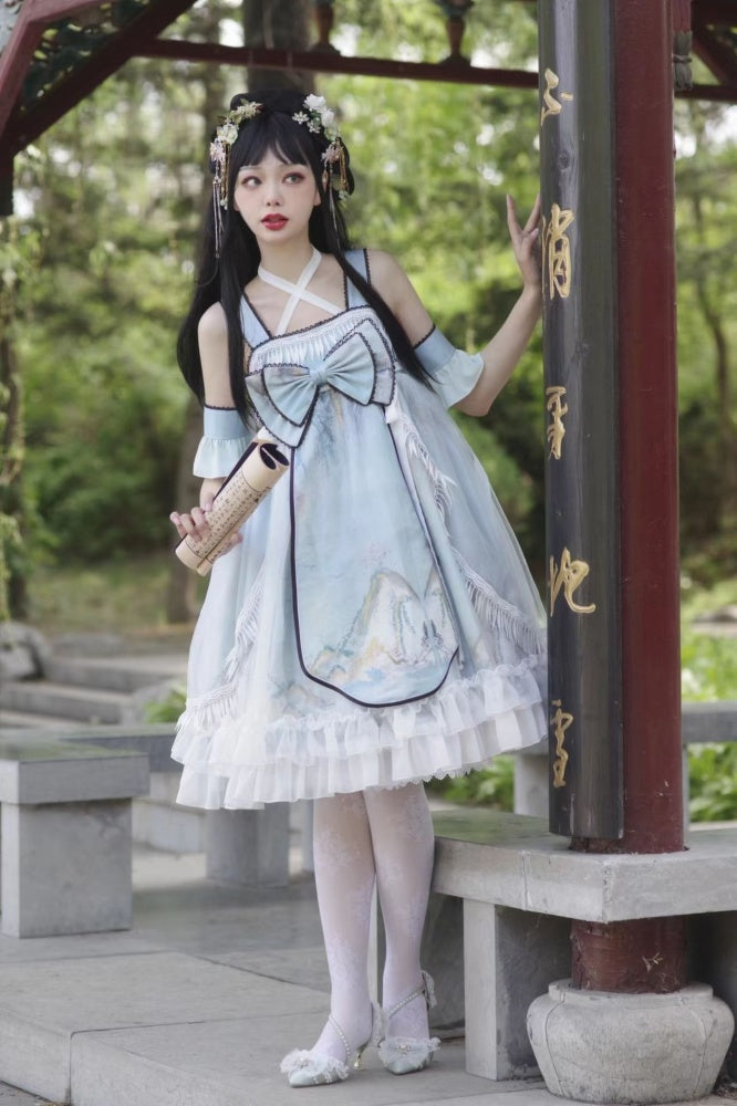 Link Landscape Print Han Lolita Big Bow Jumper Skirt