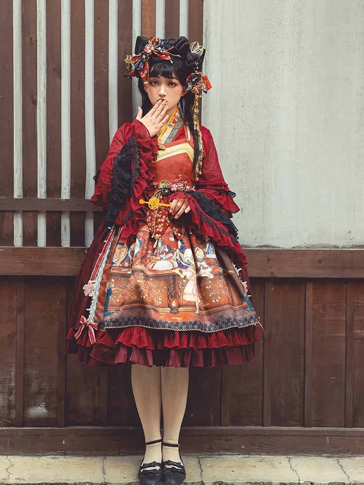 In Stock Fantasy Night Story Japanese Style Print Flounce Hem High Waist Wa Lolita JSK