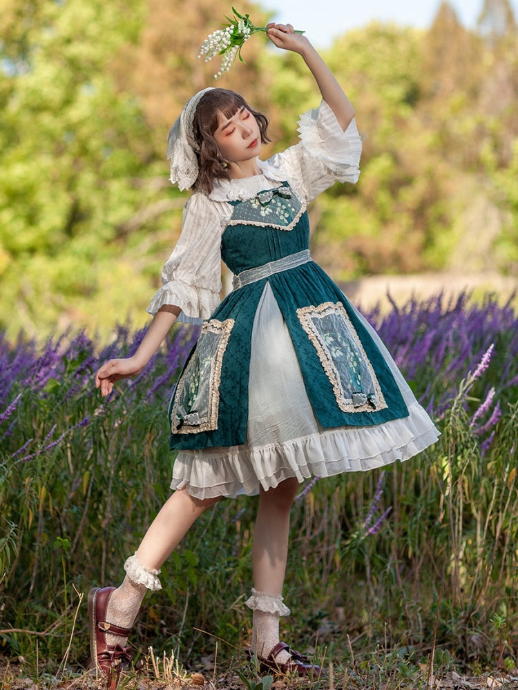 Lily of the Valley Color Dark Green Bowknot Details HIgh Waist JSK