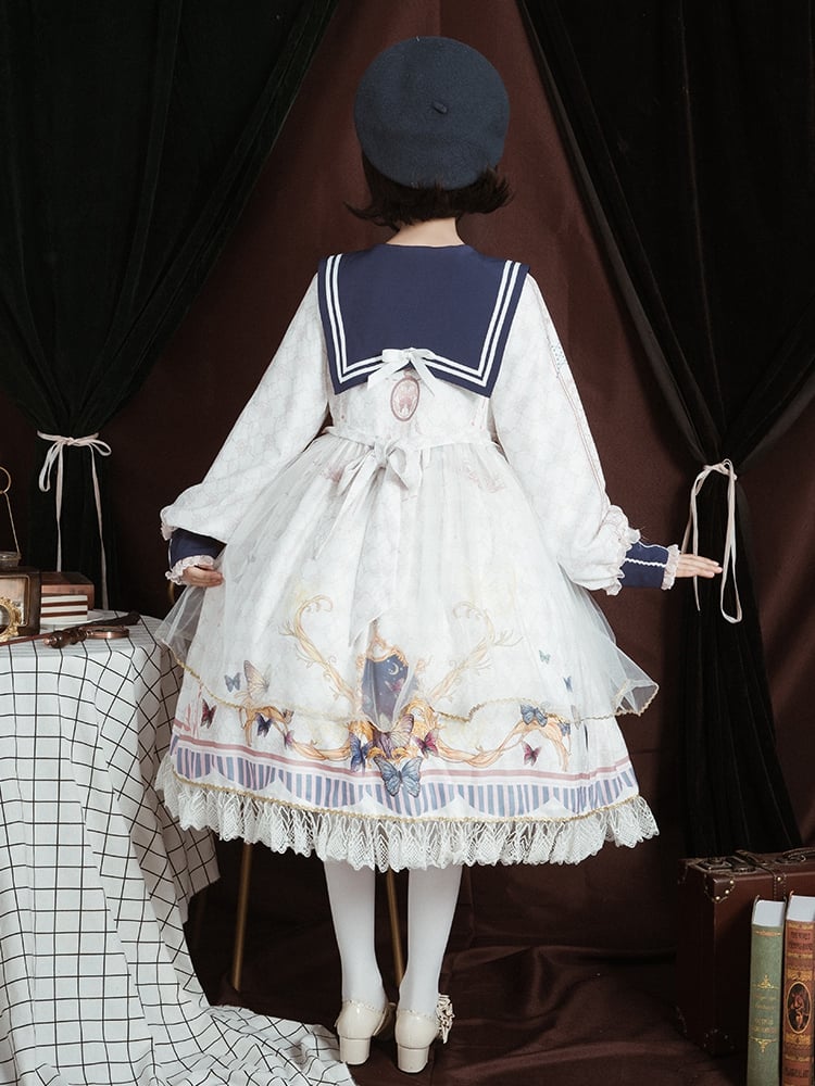 White Butterflies Print High Waist Long Sleeves One Piece