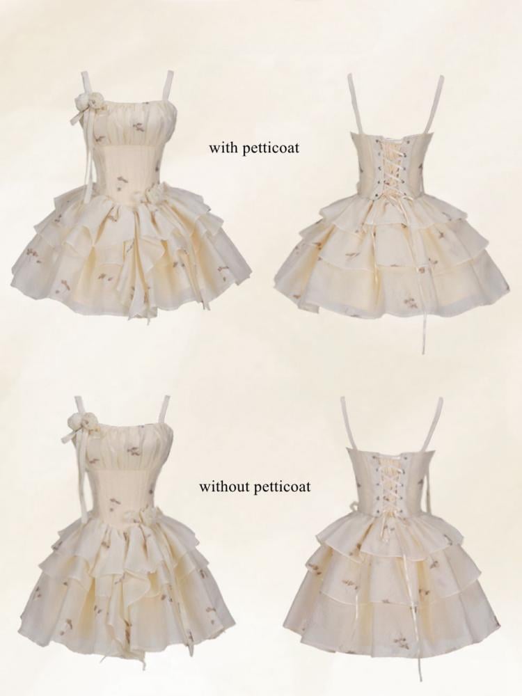 Light Yellow Floral Pattern Boned Bodice Jumper Skirt with Rosette Brooches Short Version