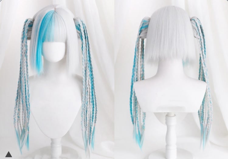 White and Blue Highlight Color Chin Bob Cut Wig with Ponytail and Braids Jaw Clips