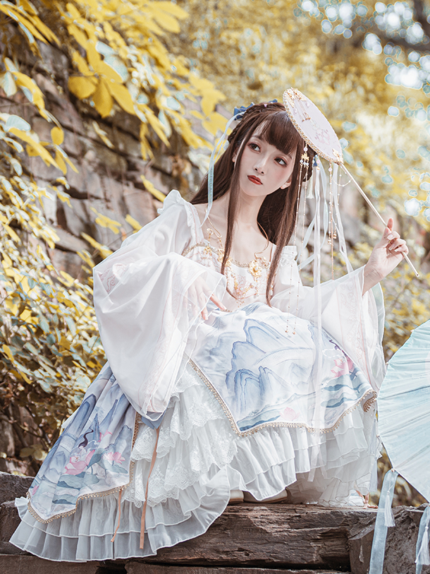 Chinoiserie Mountains-and-waters Painting Print Long Sleeves Lolita OP
