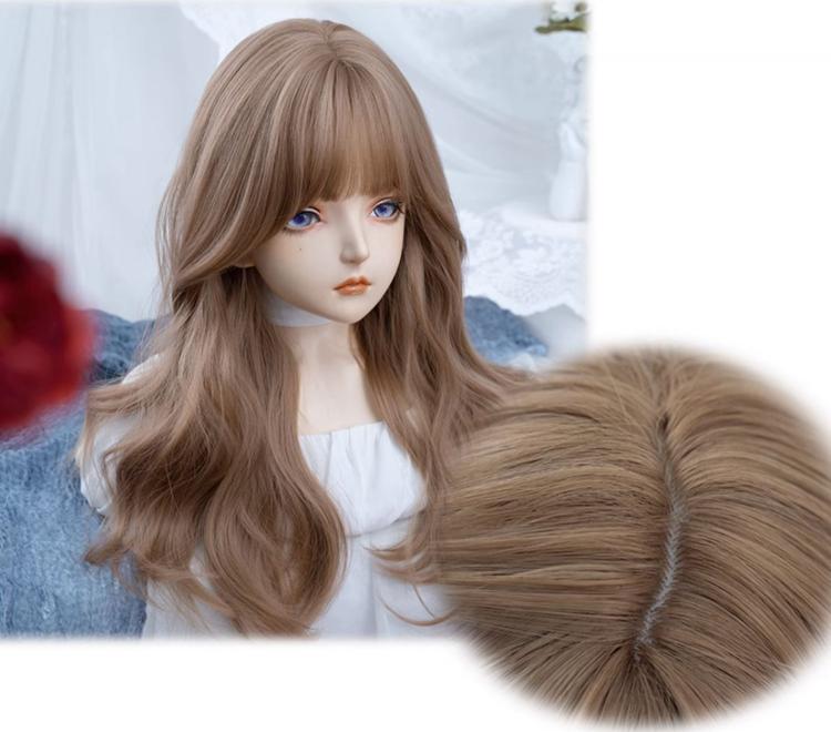 Milk Tea Brown Long Wavy Synthetic Wig with Full Bangs