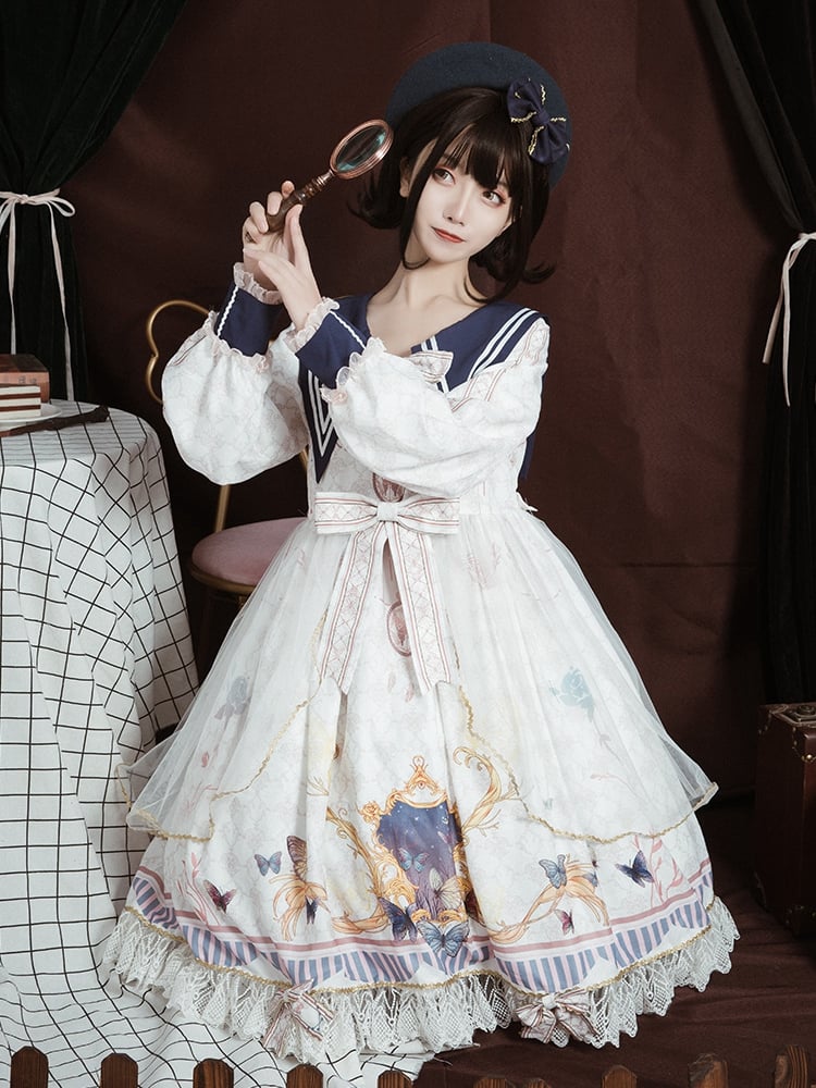 White Butterflies Print High Waist Long Sleeves One Piece