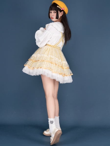 Icing Butterfly Cracker Yellow Gingham Pattern Bowknot Details Hem Overall Skirt