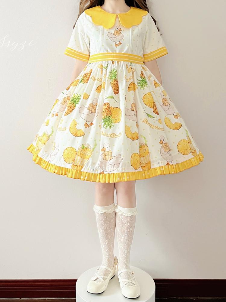 Yellow Polka-dot Pattern Pineapple Duck Print One Piece