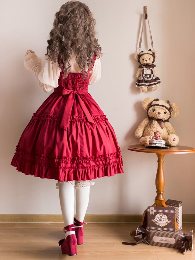 Doll Story Bowknot Details Natural Waist Ruffle Hem Jumper Skirt