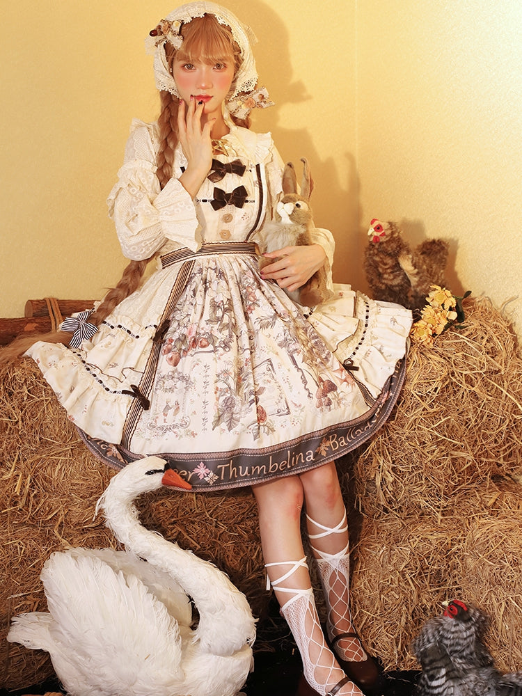 Thumbelina Floral Print Bowknot Details Overall Dress