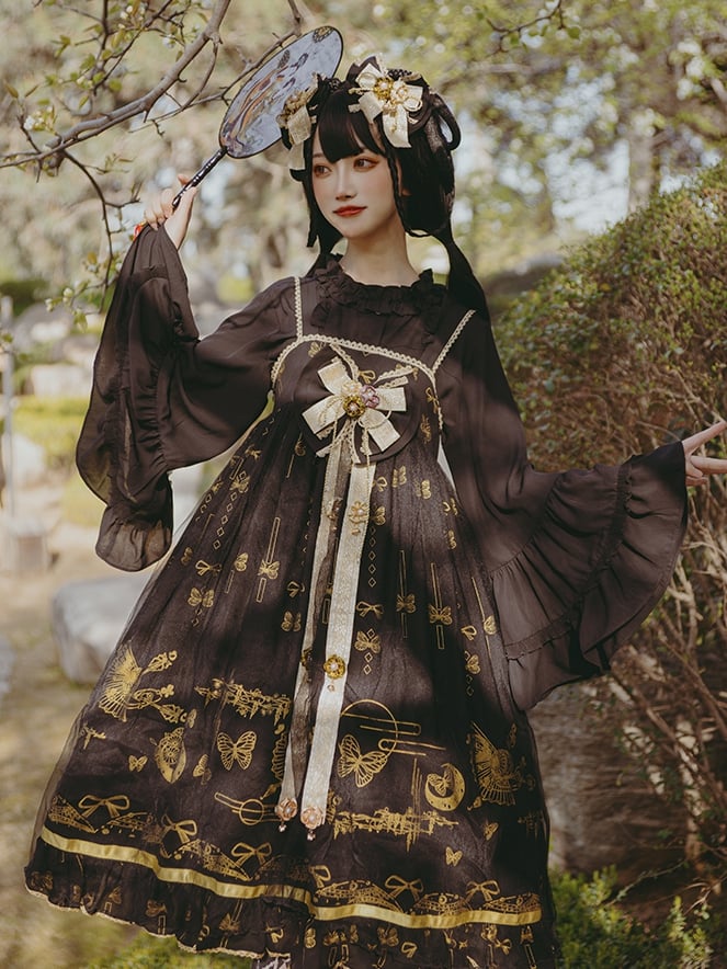 Daytime Fantasy Night Archaic Style Pattern Print Design Gold Stamping JSK