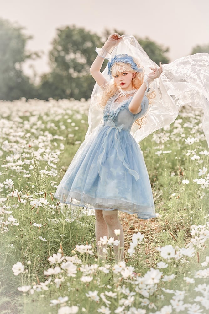 Sweet Bowknot Details Ruffle Neckline Beads Halter Neck Short Puff Sleeves One Piece