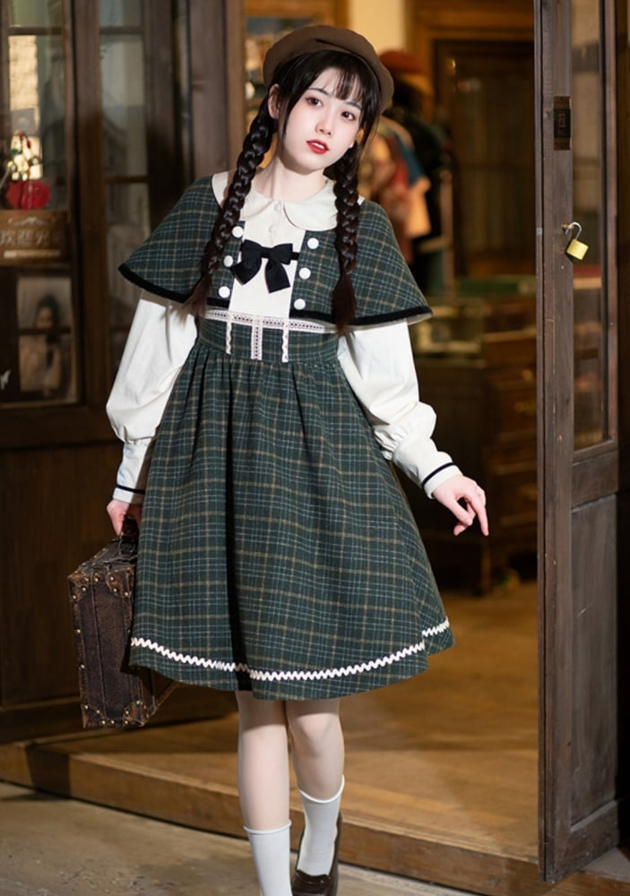 Southern Theater Green Plaid Pattern Peter Pan Collar OP