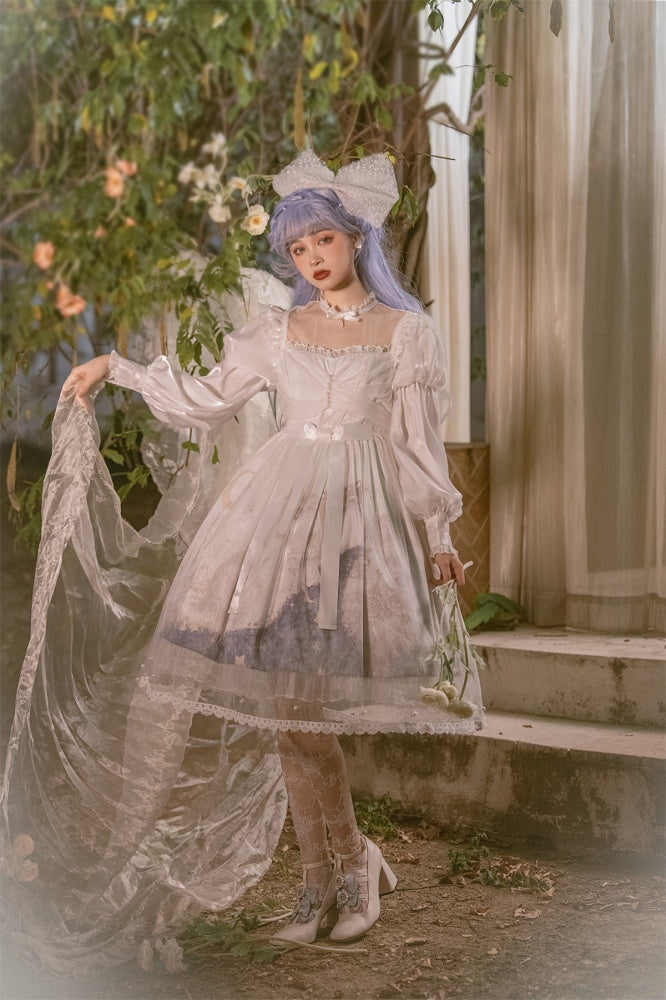 Stars Print Illusion Neckline White One Piece High Waist Classic Dress