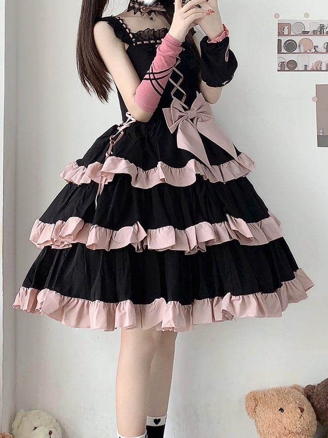Lace-Up Detail Sweet Jumper Skirt Tiered Skirt Dress/Full Set Long Version