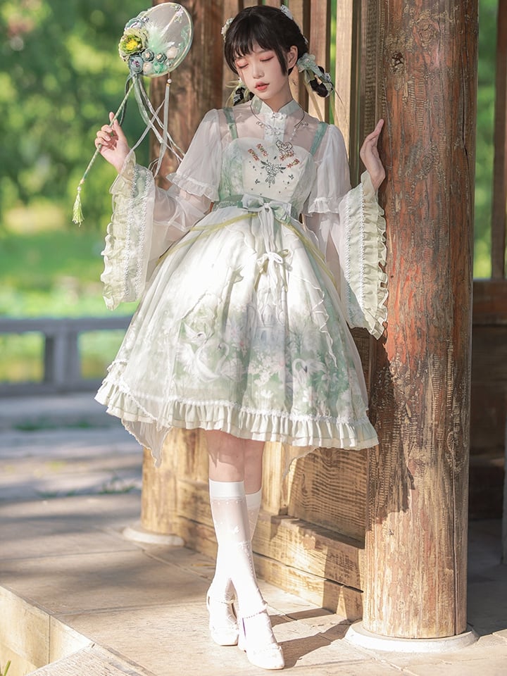 Swan Castle Print Green Qi Style Jumper Skirt/Full Set Embroidery Ruffle Hem